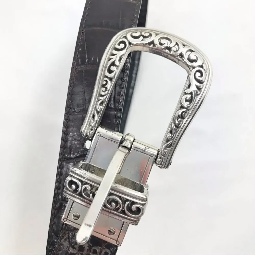 Brighton Black Brown Reptile Embossed Silver Scroll Hardware Reversible Belt